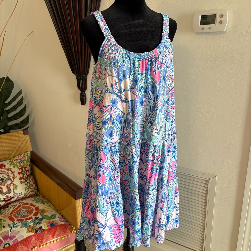 LILLY PULITZER Loro Floral Print Cotton Swing Dress! Excellent. Blue Pink. Excel